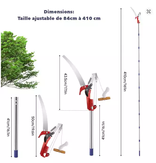 dimensions de l'échenilloir telescopique avec scie